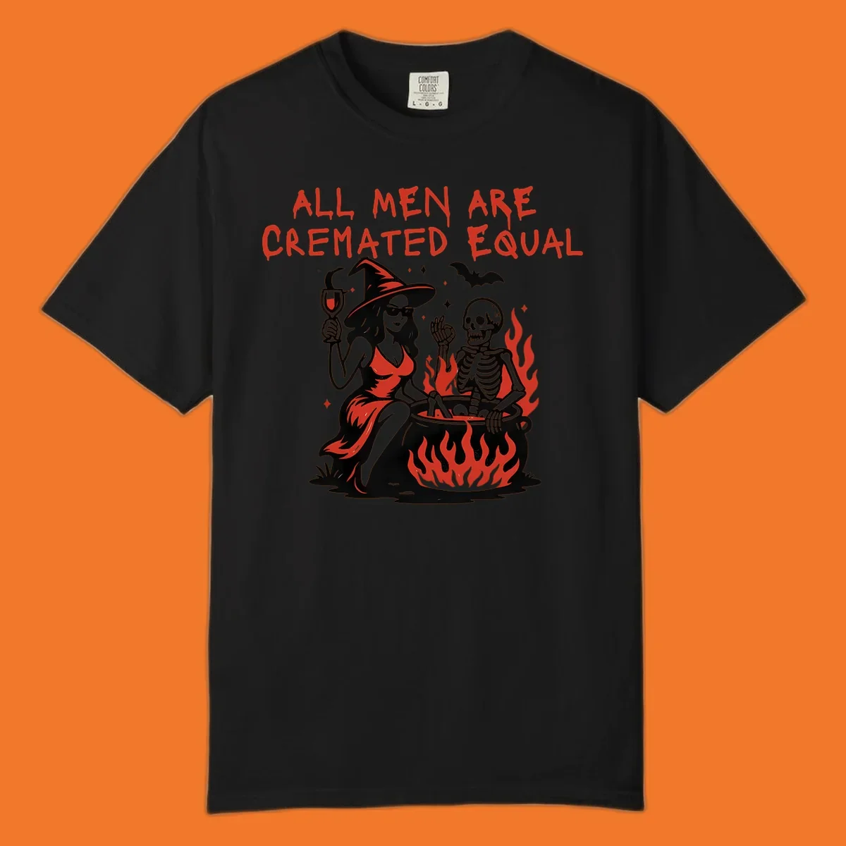 All men are cremated equal Halloween design with witch, skeleton, and cauldron. Text reads 'ALL MEN ARE CREMATED EQUAL'.
