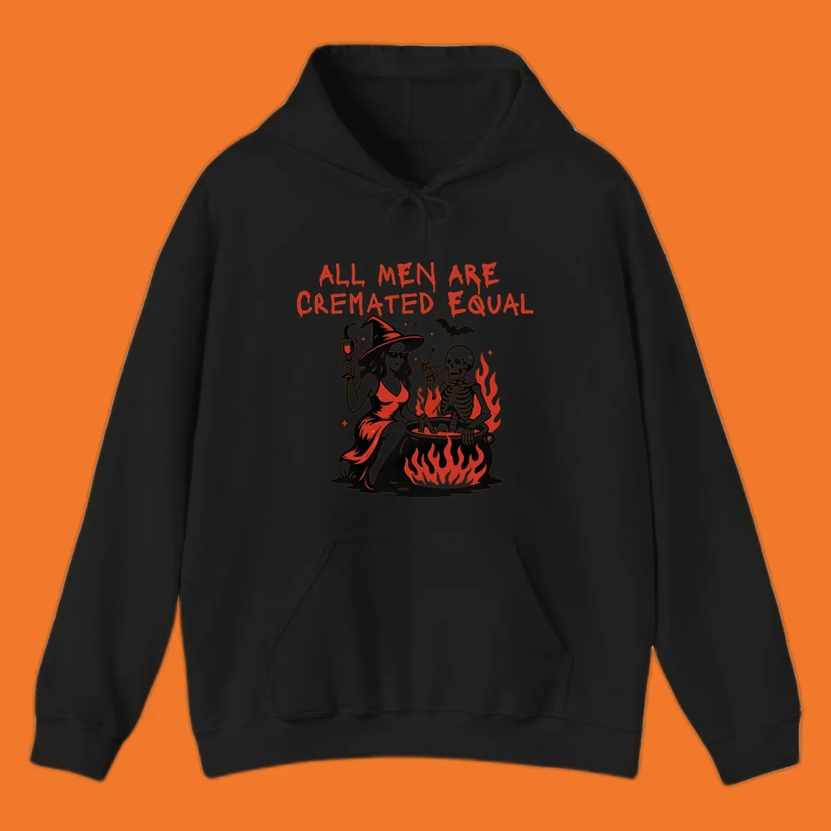 All men are cremated equal Halloween design with witch, skeleton, and cauldron. Text reads 'ALL MEN ARE CREMATED EQUAL'.