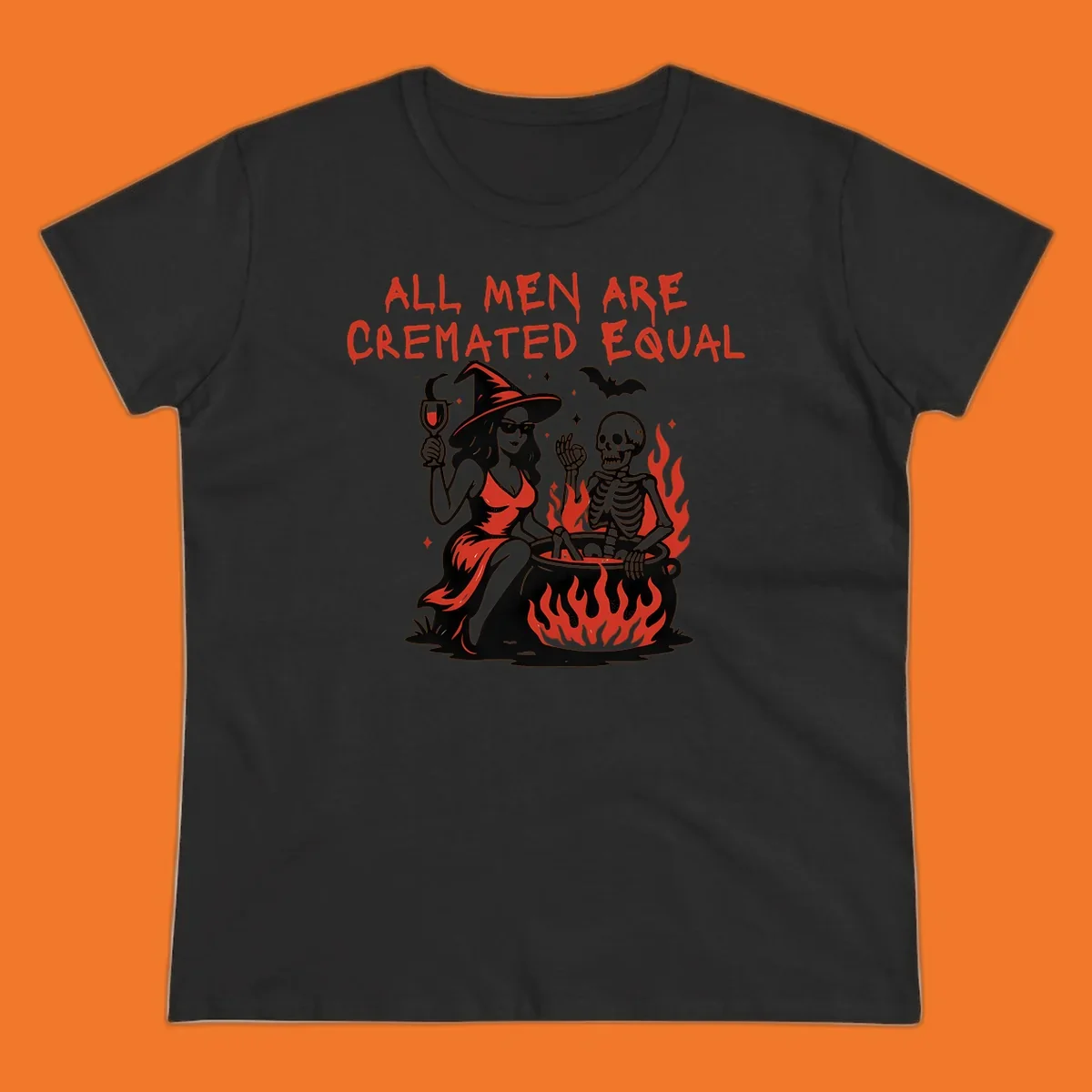 All men are cremated equal Halloween design with witch, skeleton, and cauldron. Text reads 'ALL MEN ARE CREMATED EQUAL'.