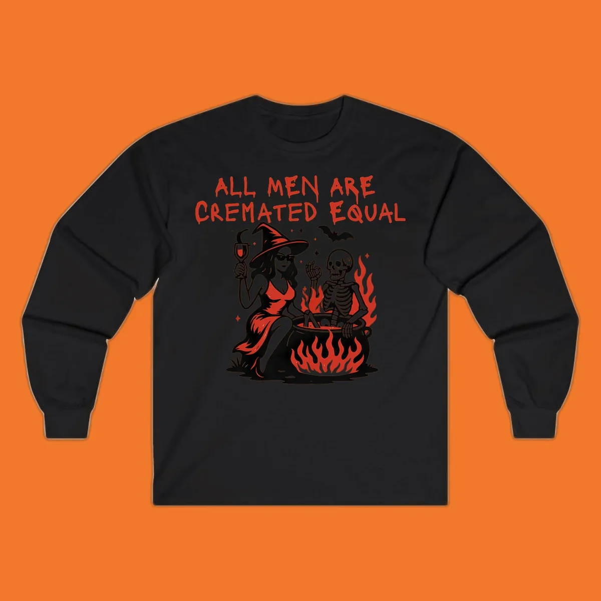 All men are cremated equal Halloween design with witch, skeleton, and cauldron. Text reads 'ALL MEN ARE CREMATED EQUAL'.