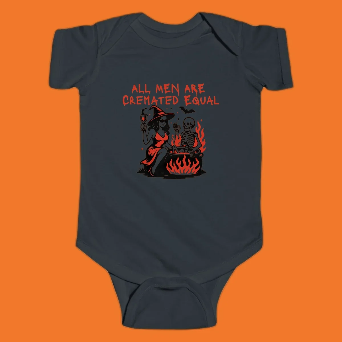 All men are cremated equal Halloween design with witch, skeleton, and cauldron. Text reads 'ALL MEN ARE CREMATED EQUAL'.