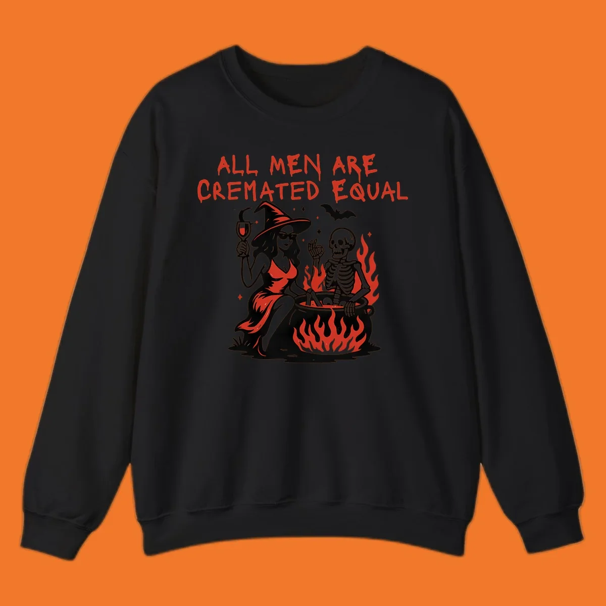 All men are cremated equal Halloween design with witch, skeleton, and cauldron. Text reads 'ALL MEN ARE CREMATED EQUAL'.