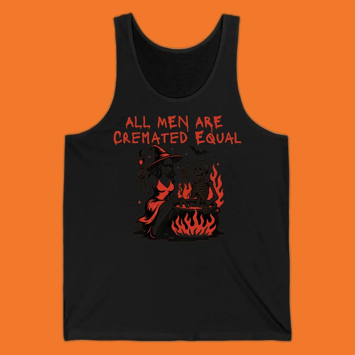 All men are cremated equal Halloween design with witch, skeleton, and cauldron. Text reads 'ALL MEN ARE CREMATED EQUAL'.
