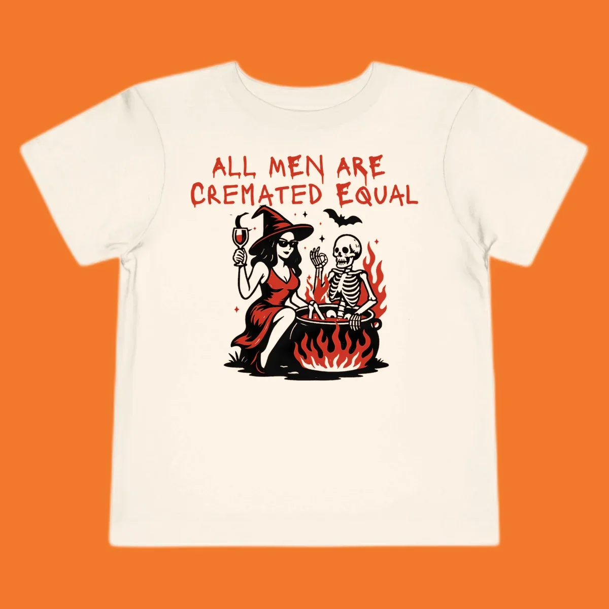 All men are cremated equal Halloween design with witch, skeleton, and cauldron. Text reads 'ALL MEN ARE CREMATED EQUAL'.