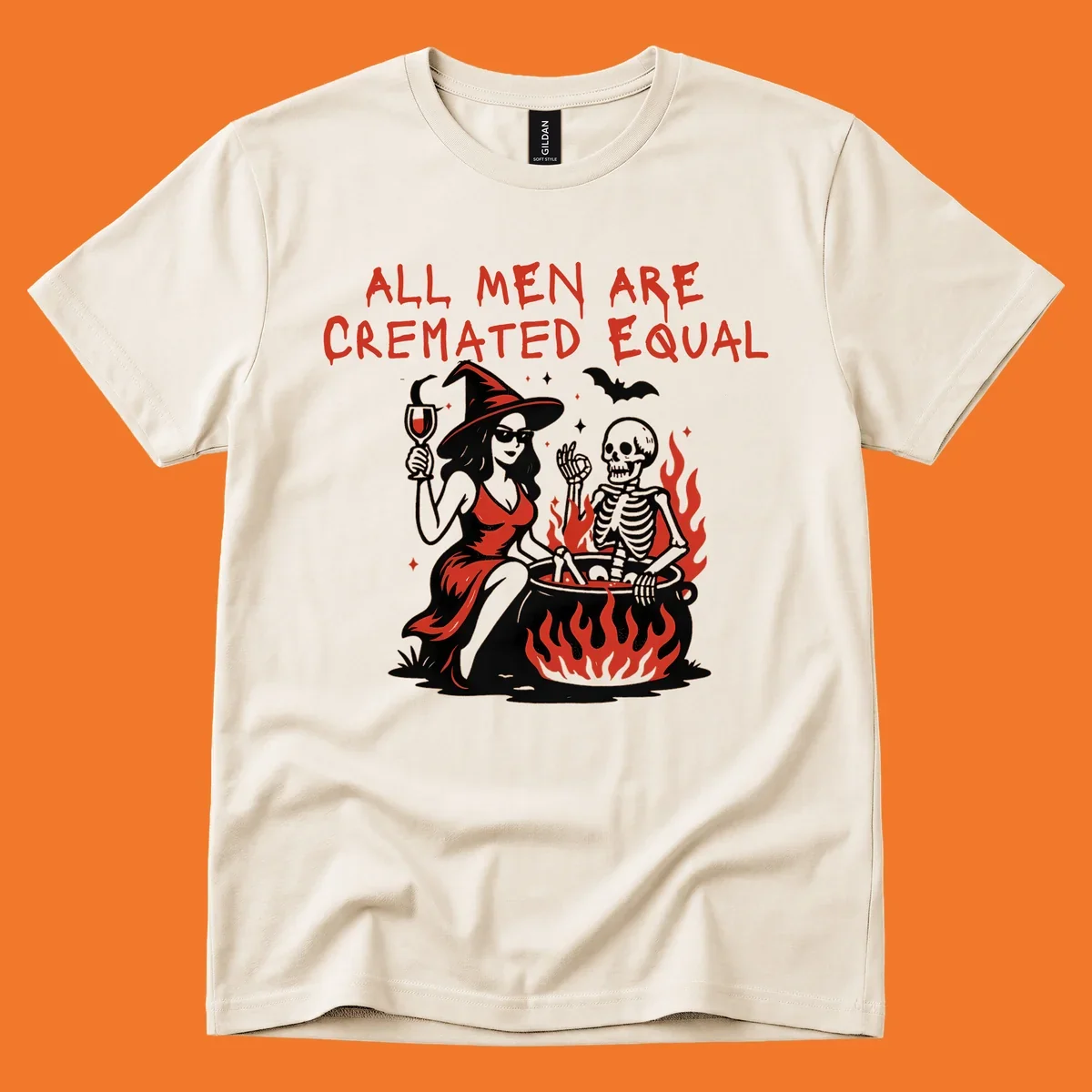 All men are cremated equal Halloween design with witch, skeleton, and cauldron. Text reads 'ALL MEN ARE CREMATED EQUAL'.