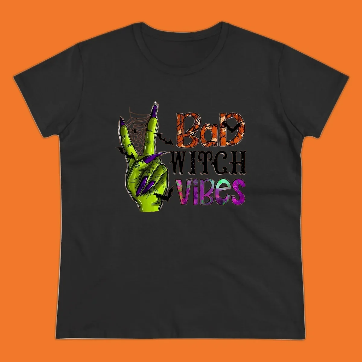 Bad Witch Vibes Halloween graphic with a green witch hand peace sign and bats.