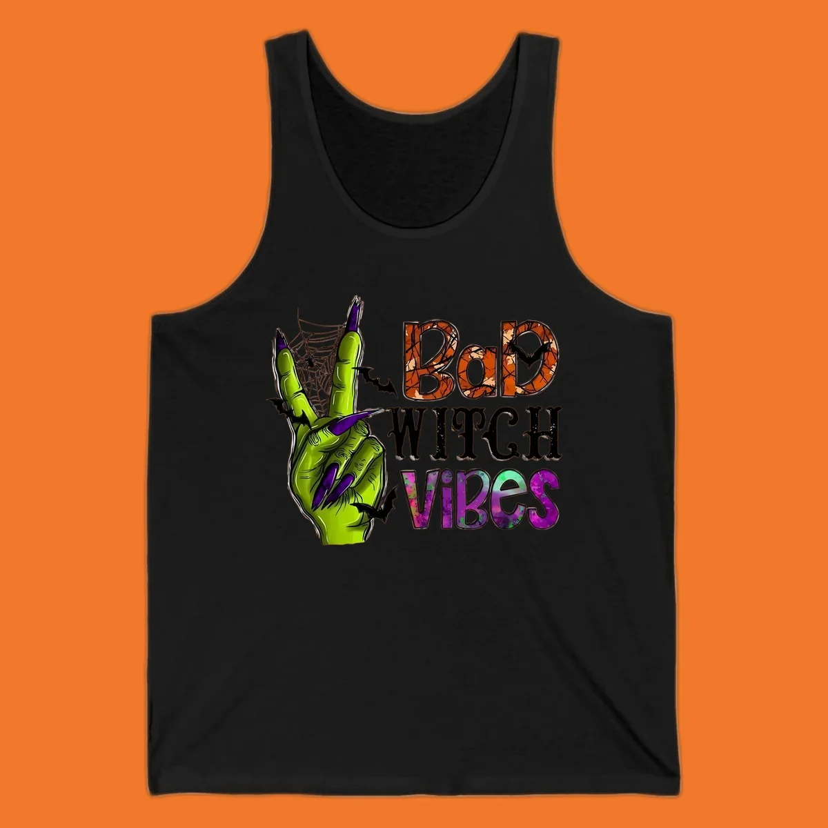 Bad Witch Vibes Halloween graphic with a green witch hand peace sign and bats.