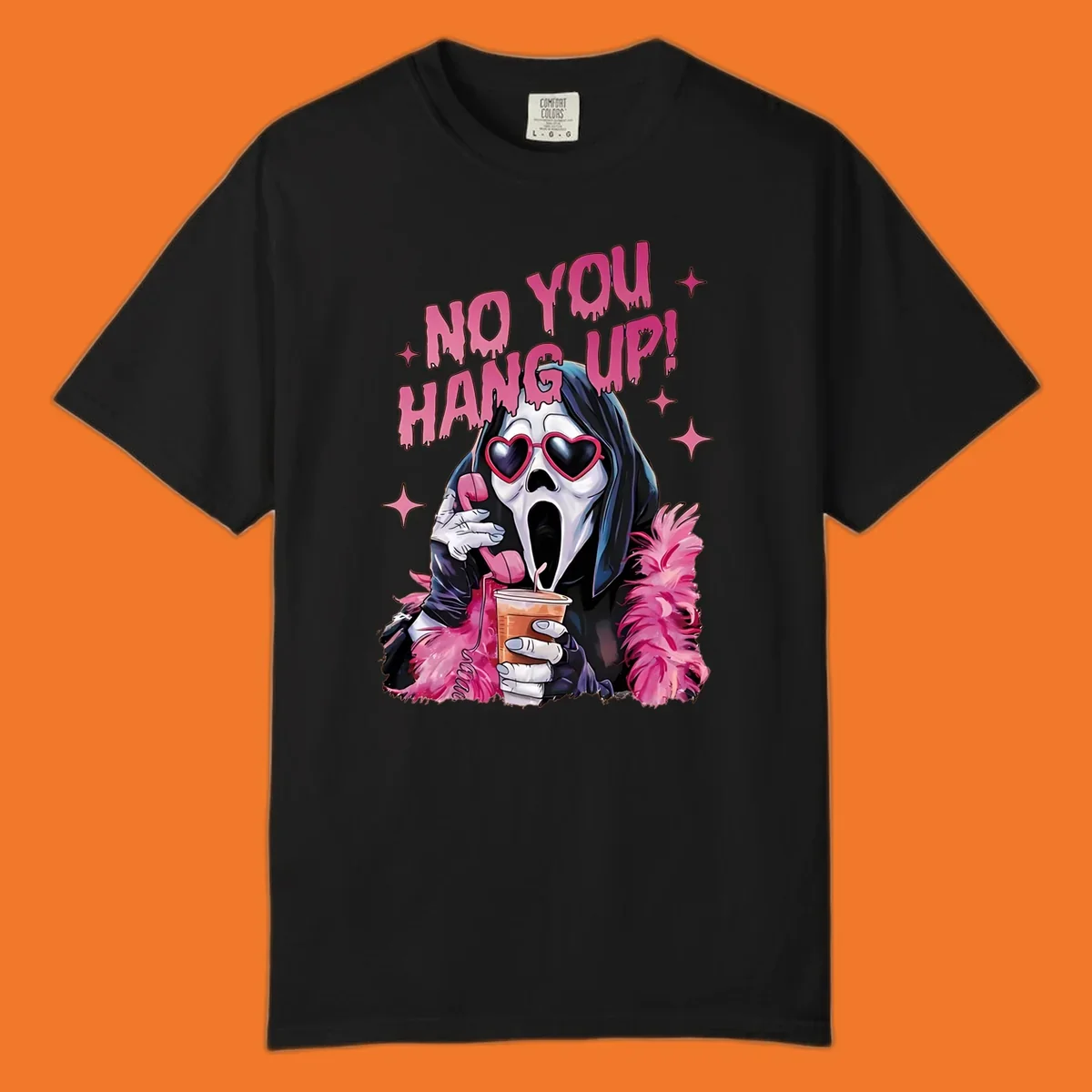 Ghostface character with heart sunglasses and 'NO YOU HANG UP!' text, a pop culture horror design.
