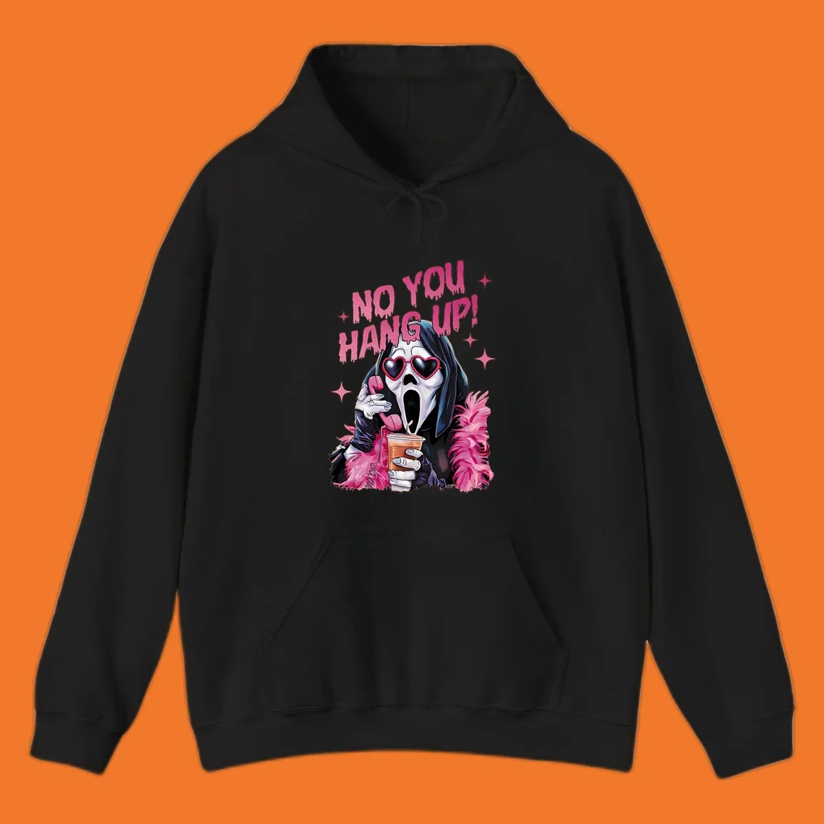 Ghostface character with heart sunglasses and 'NO YOU HANG UP!' text, a pop culture horror design.