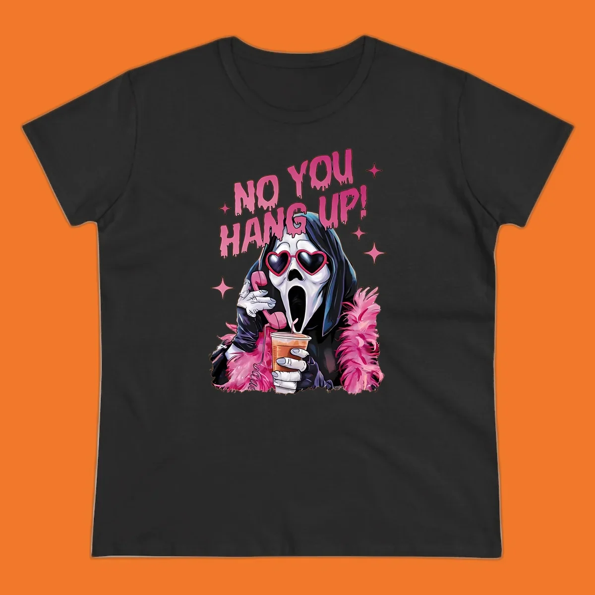 Ghostface character with heart sunglasses and 'NO YOU HANG UP!' text, a pop culture horror design.