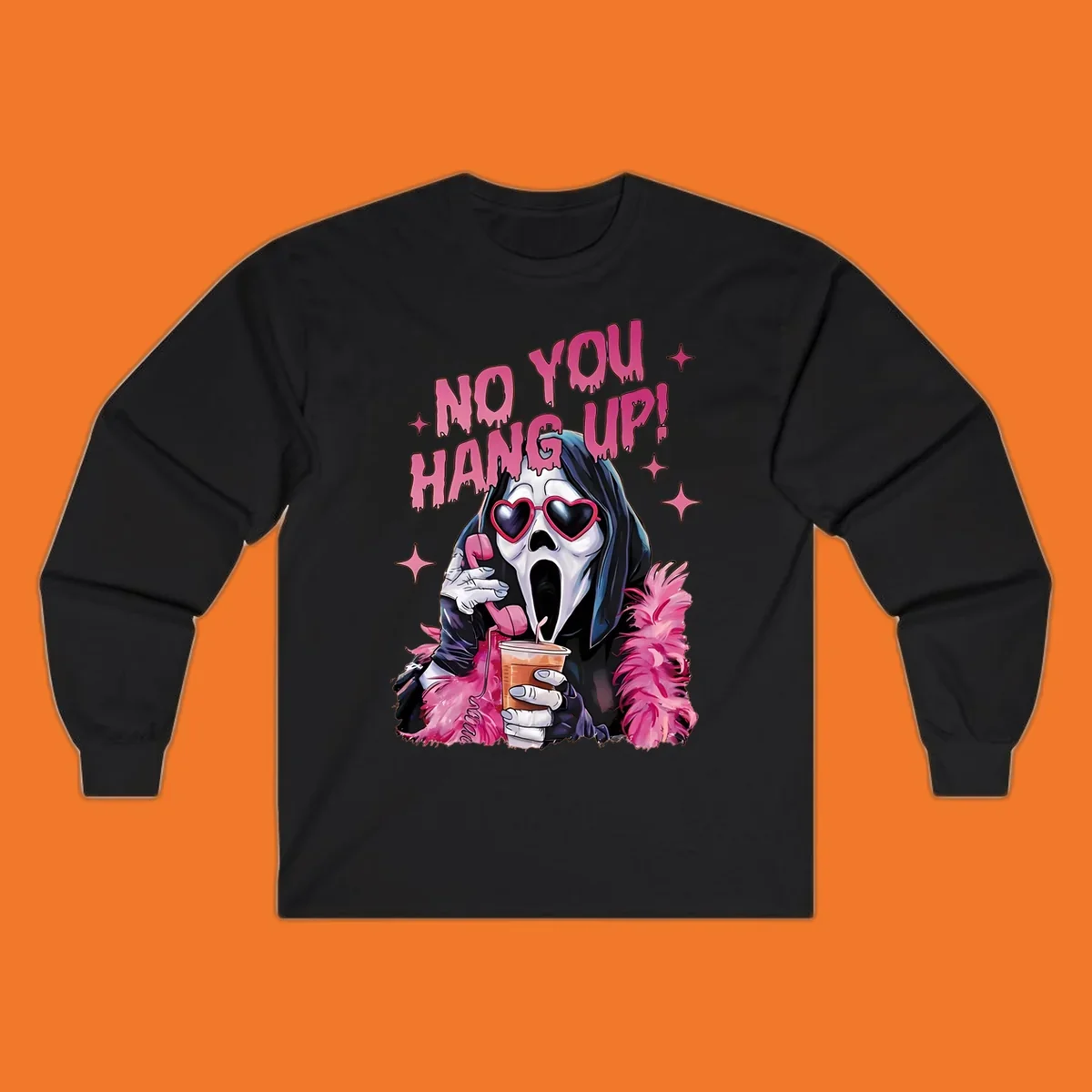 Ghostface character with heart sunglasses and 'NO YOU HANG UP!' text, a pop culture horror design.