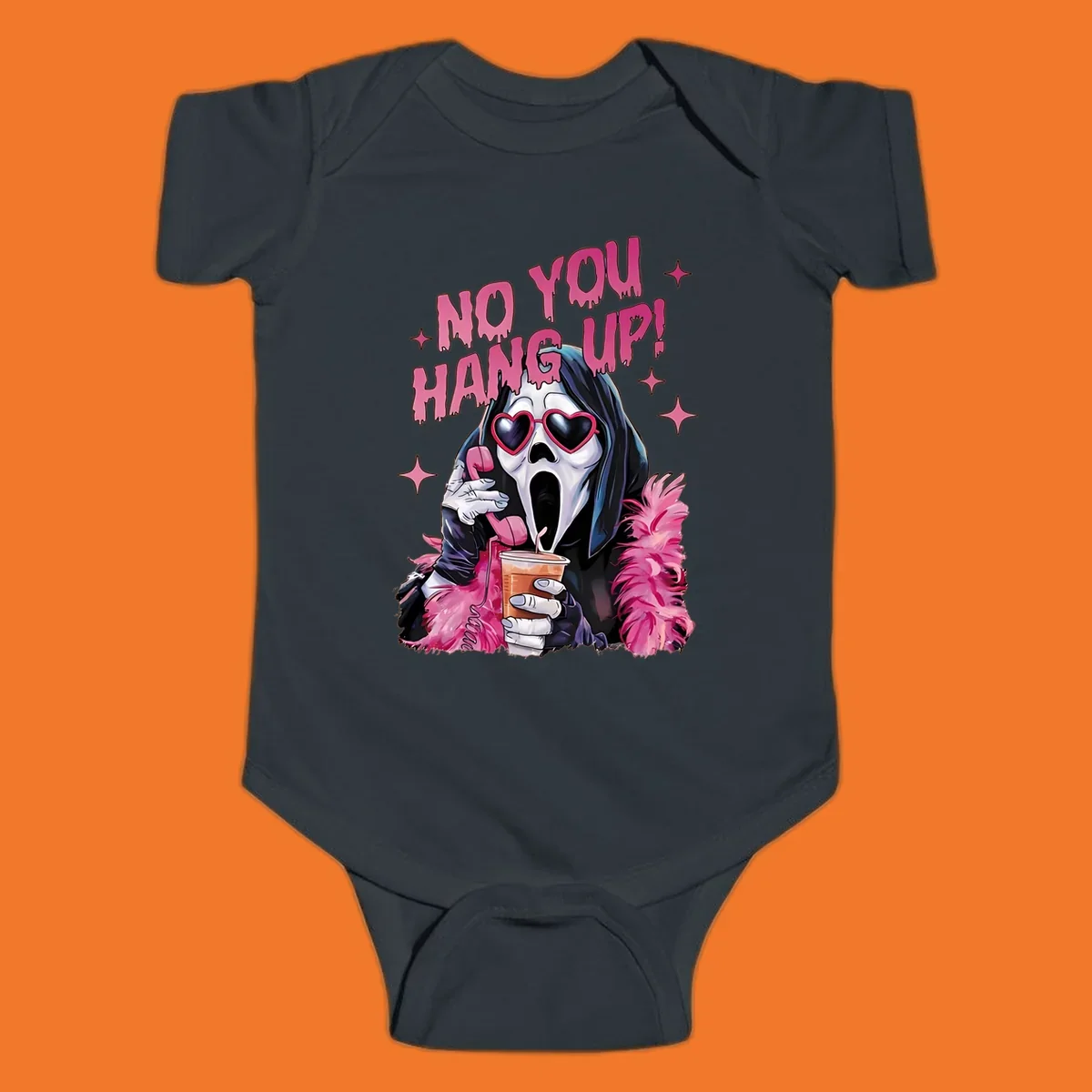 Ghostface character with heart sunglasses and 'NO YOU HANG UP!' text, a pop culture horror design.