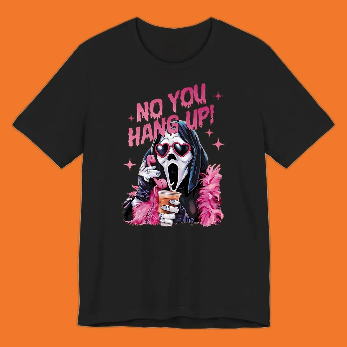 Ghostface character with heart sunglasses and 'NO YOU HANG UP!' text, a pop culture horror design.