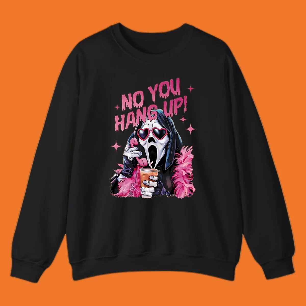 Ghostface character with heart sunglasses and 'NO YOU HANG UP!' text, a pop culture horror design.