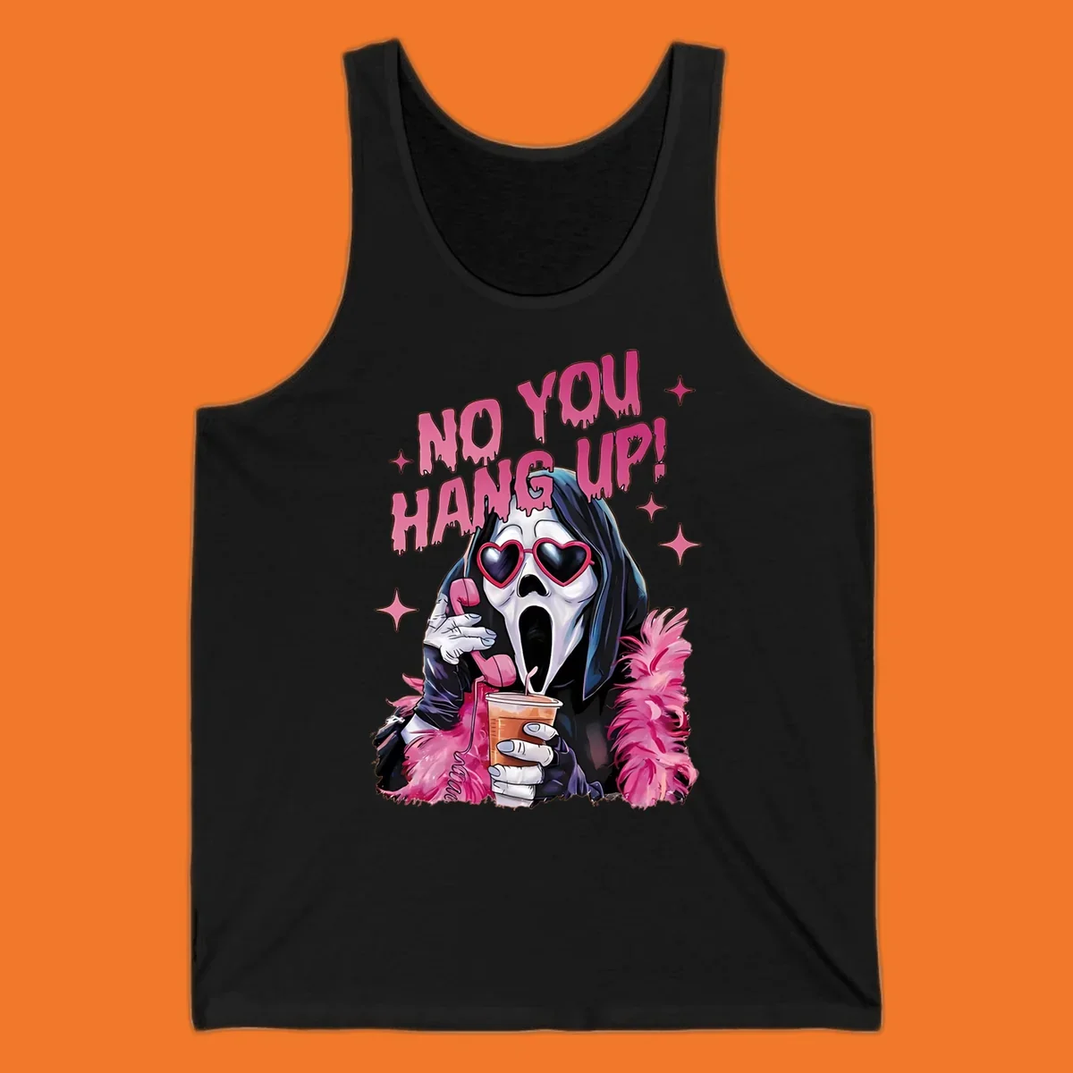 Ghostface character with heart sunglasses and 'NO YOU HANG UP!' text, a pop culture horror design.