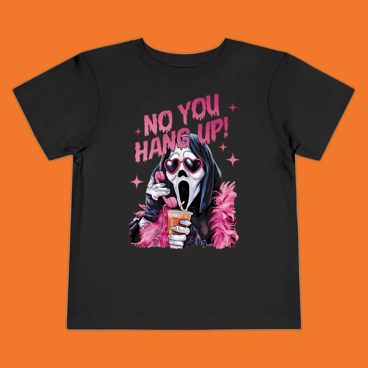 Ghostface character with heart sunglasses and 'NO YOU HANG UP!' text, a pop culture horror design.