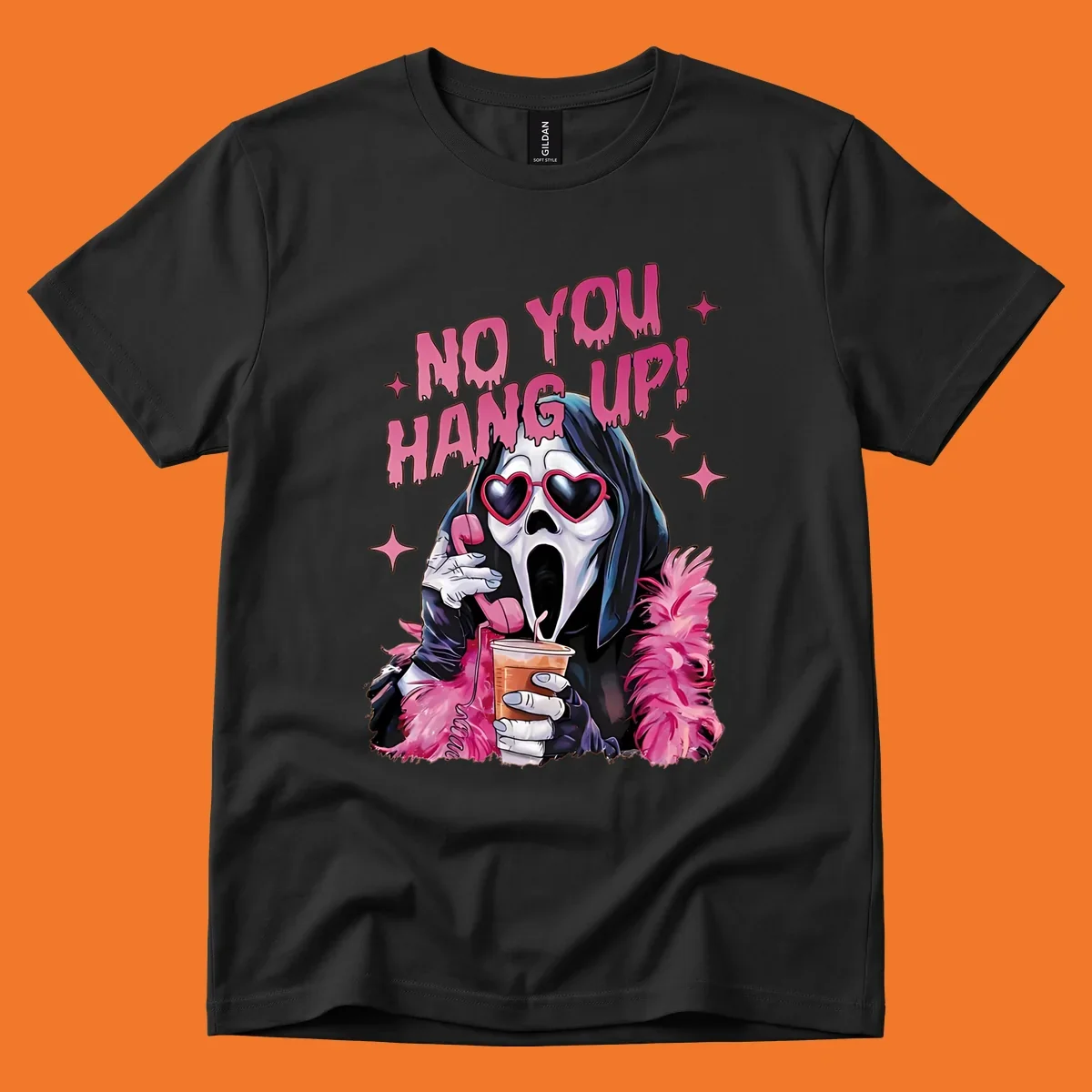 Ghostface character with heart sunglasses and 'NO YOU HANG UP!' text, a pop culture horror design.
