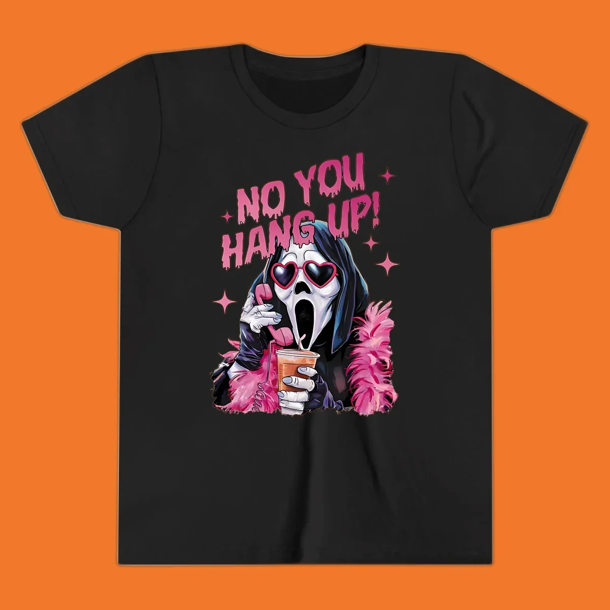 Ghostface character with heart sunglasses and 'NO YOU HANG UP!' text, a pop culture horror design.