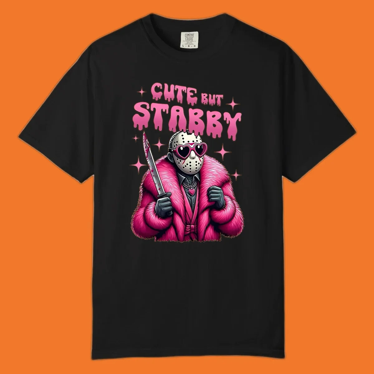 Cute but stabby horror mask with pink fur coat and heart sunglasses, holding a bloody knife.