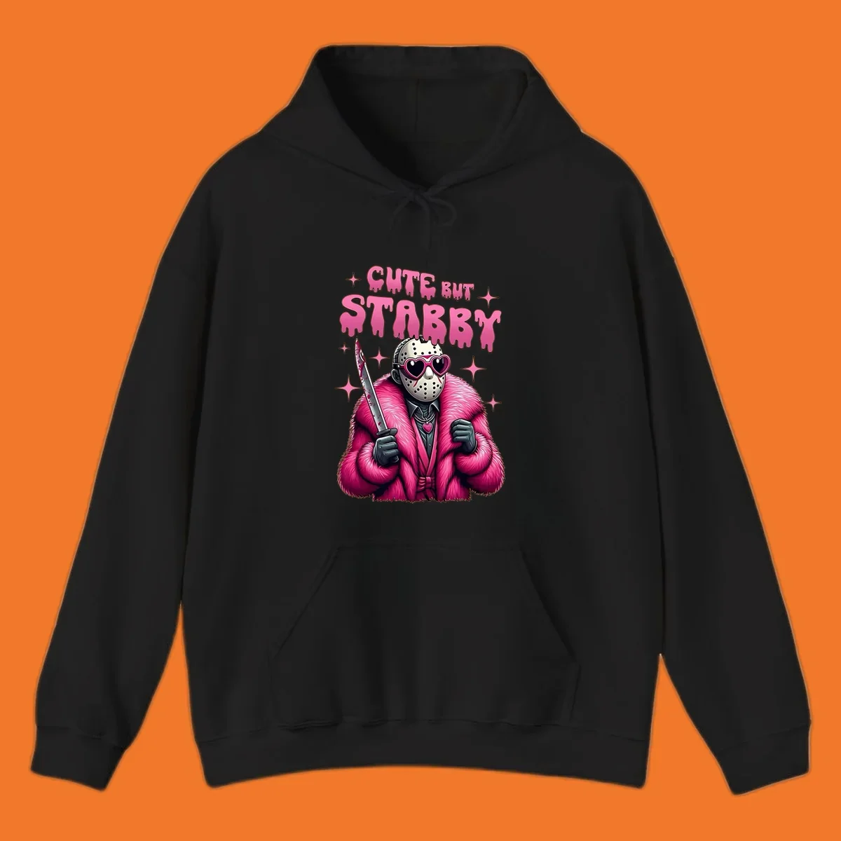 Cute but stabby horror mask with pink fur coat and heart sunglasses, holding a bloody knife.