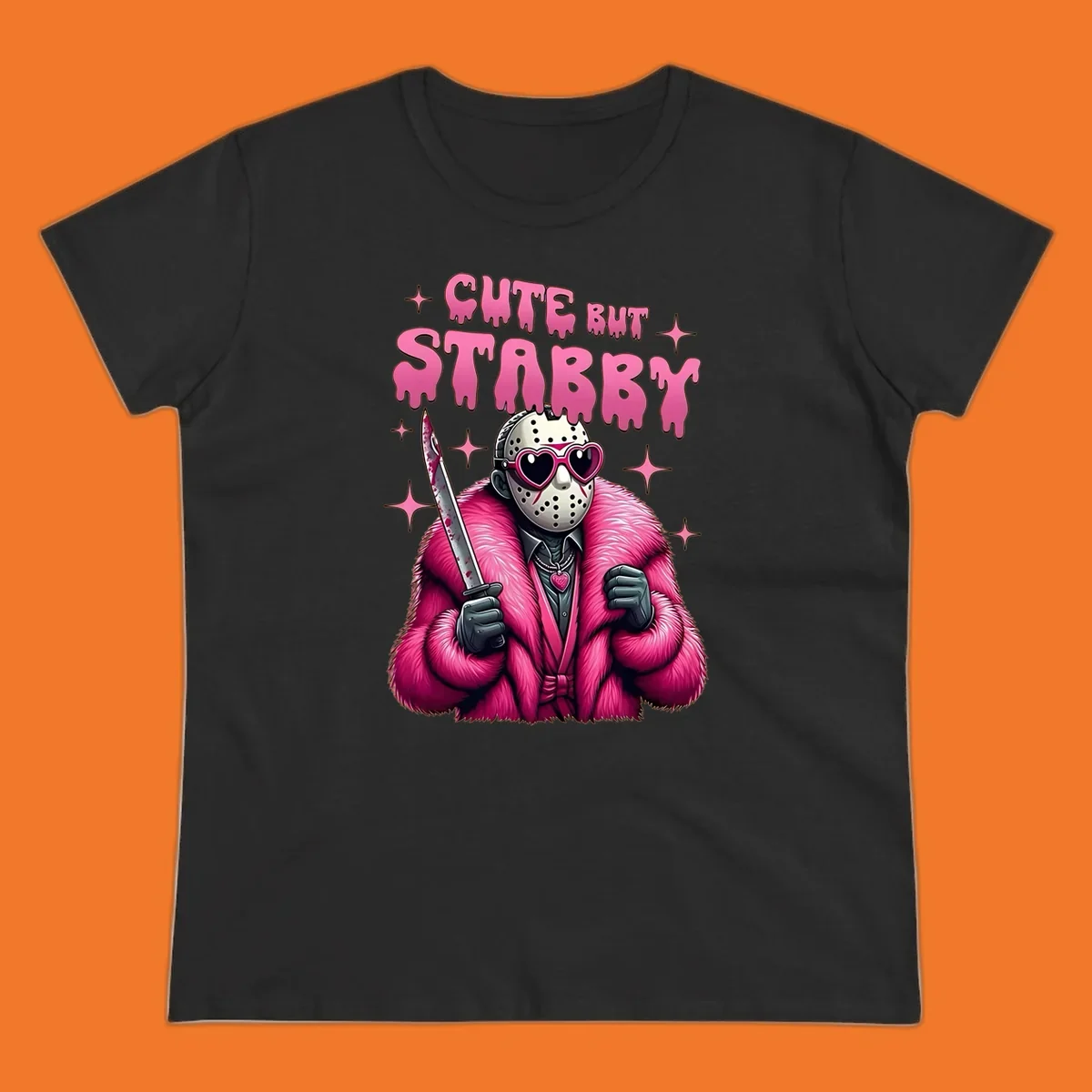 Cute but stabby horror mask with pink fur coat and heart sunglasses, holding a bloody knife.