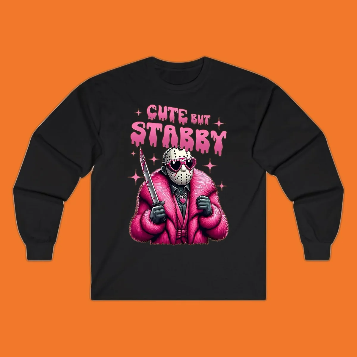 Cute but stabby horror mask with pink fur coat and heart sunglasses, holding a bloody knife.