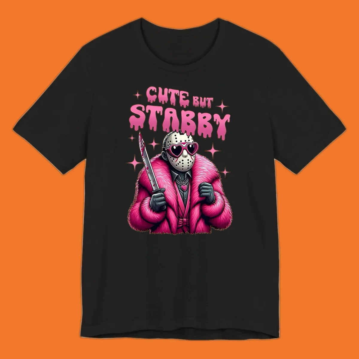 Cute but stabby horror mask with pink fur coat and heart sunglasses, holding a bloody knife.