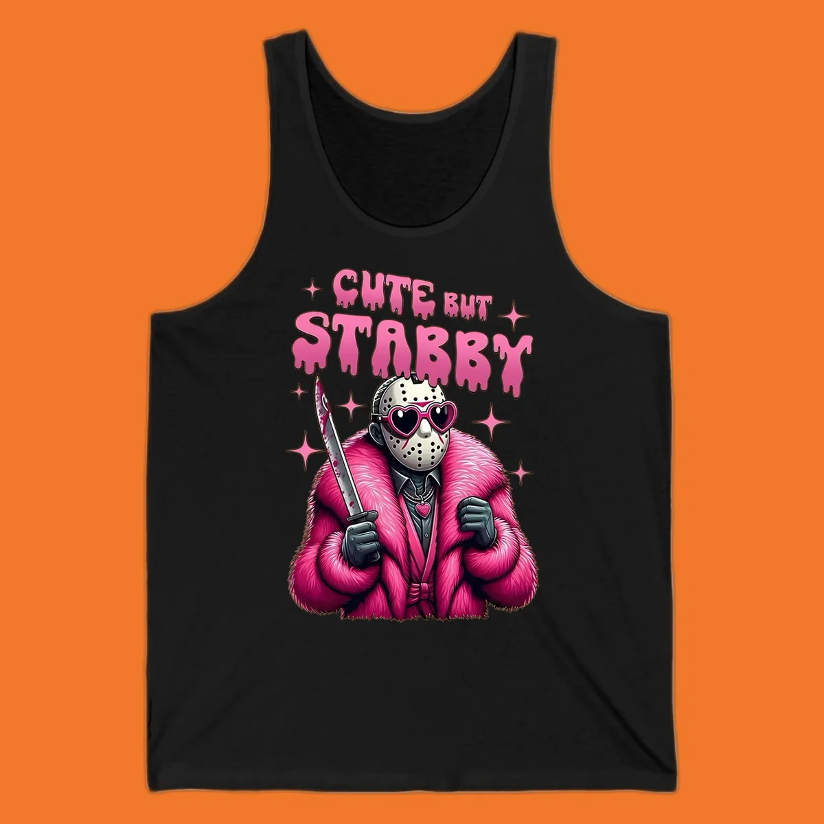 Cute but stabby horror mask with pink fur coat and heart sunglasses, holding a bloody knife.
