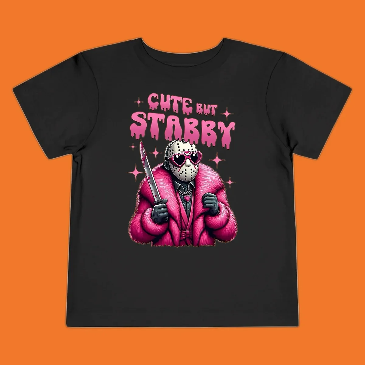 Cute but stabby horror mask with pink fur coat and heart sunglasses, holding a bloody knife.