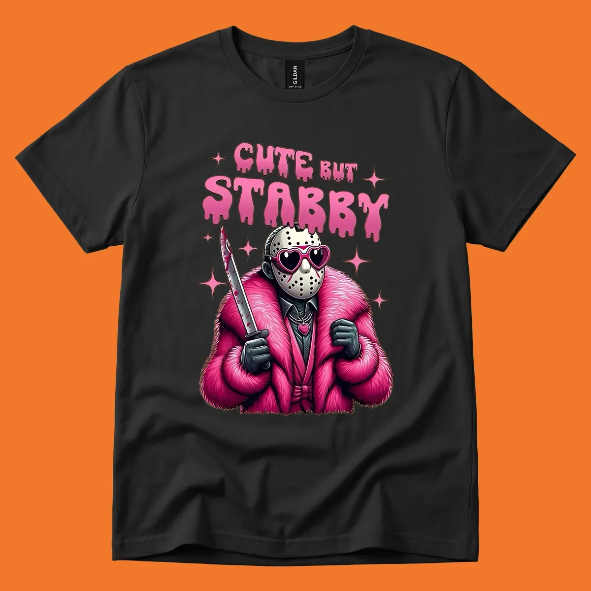 Cute but stabby horror mask with pink fur coat and heart sunglasses, holding a bloody knife.