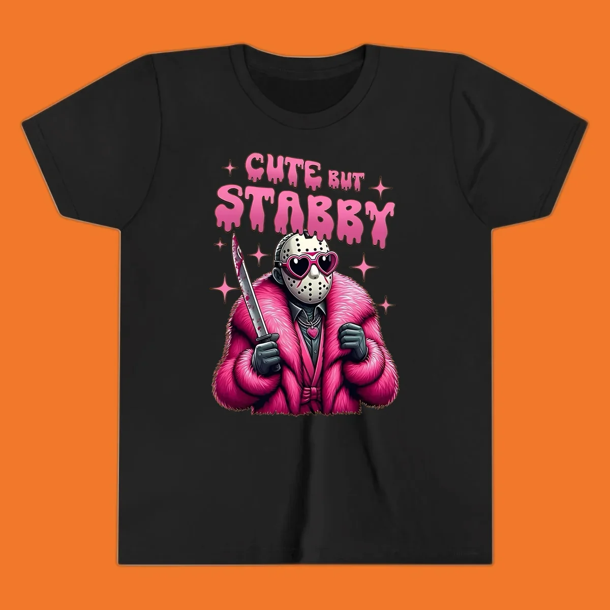Cute but stabby horror mask with pink fur coat and heart sunglasses, holding a bloody knife.
