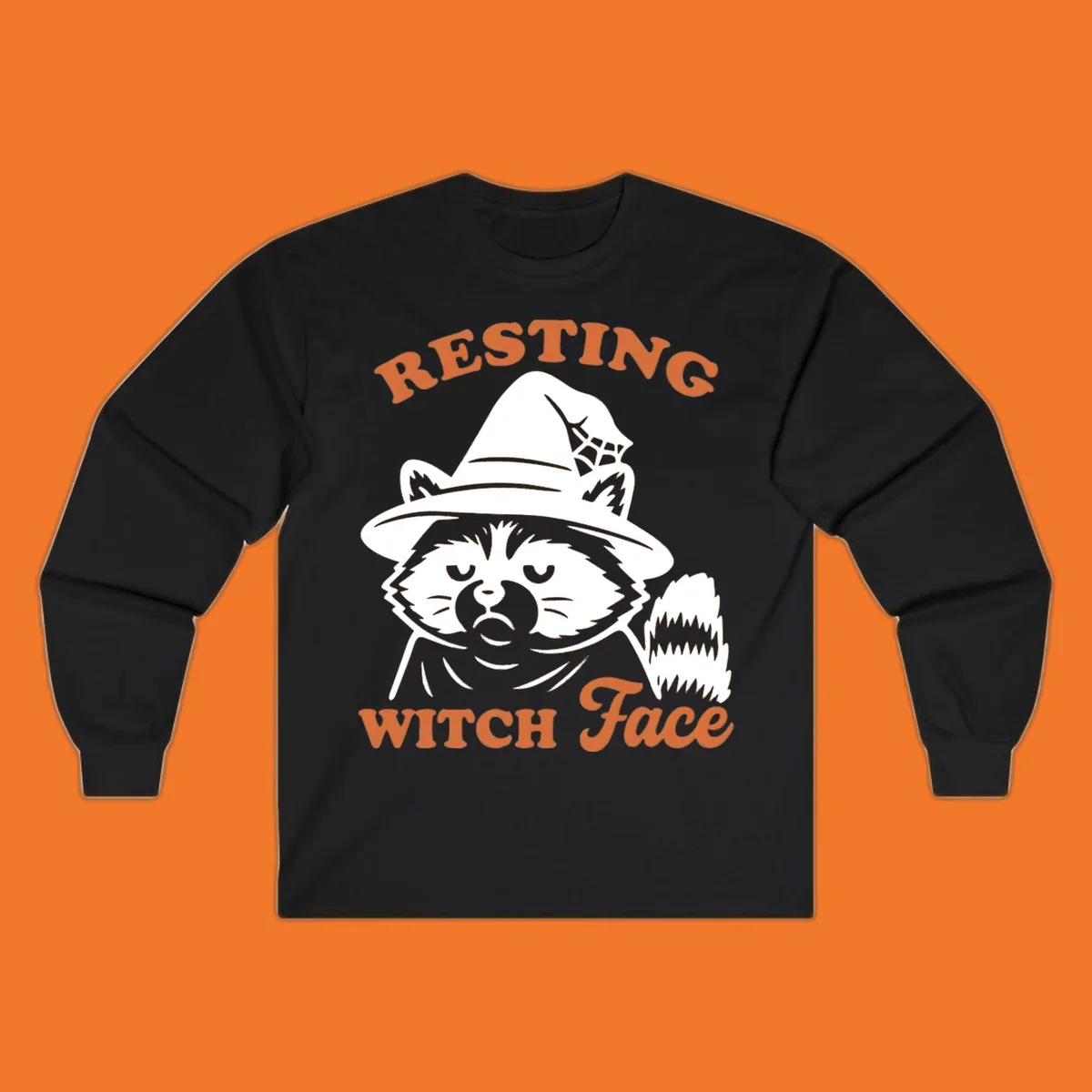 Resting Witch Face raccoon Halloween design with text.