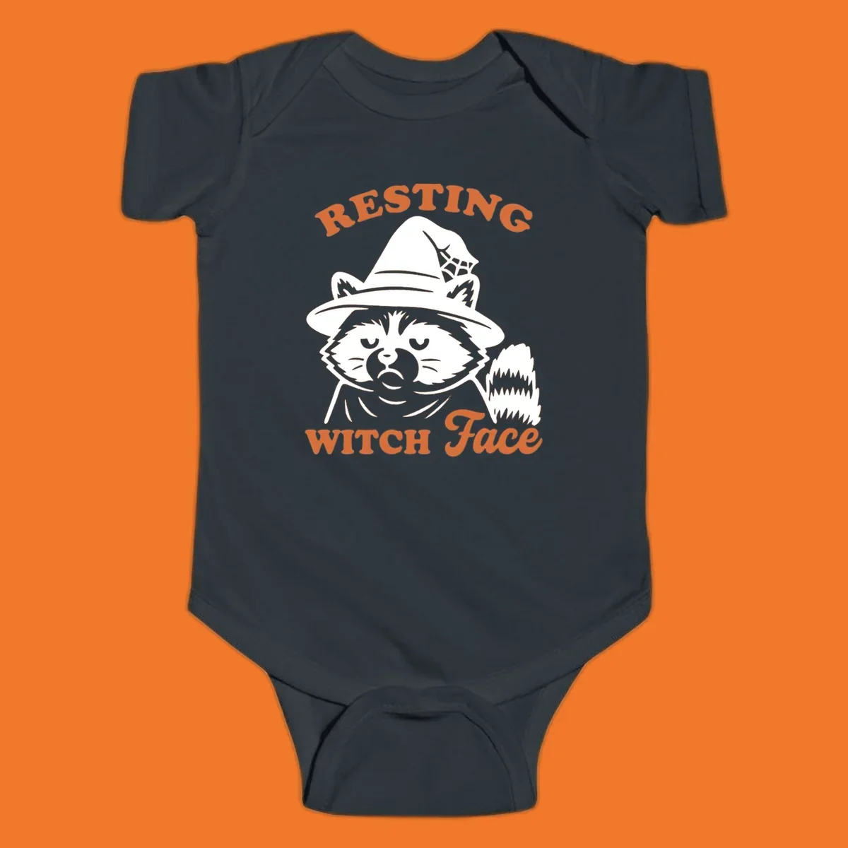 Resting Witch Face raccoon Halloween design with text.