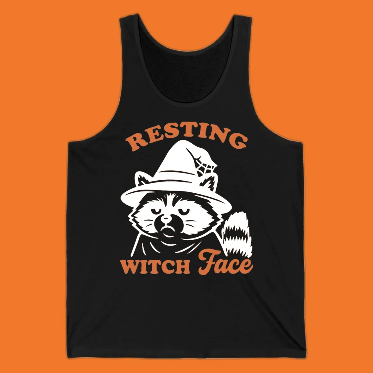Resting Witch Face raccoon Halloween design with text.