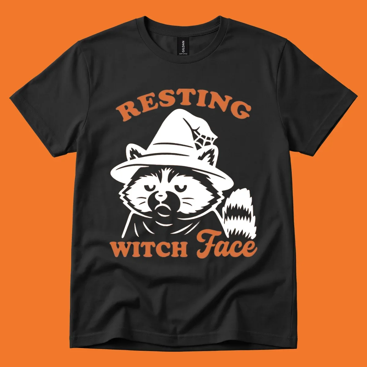 Resting Witch Face raccoon Halloween design with text.