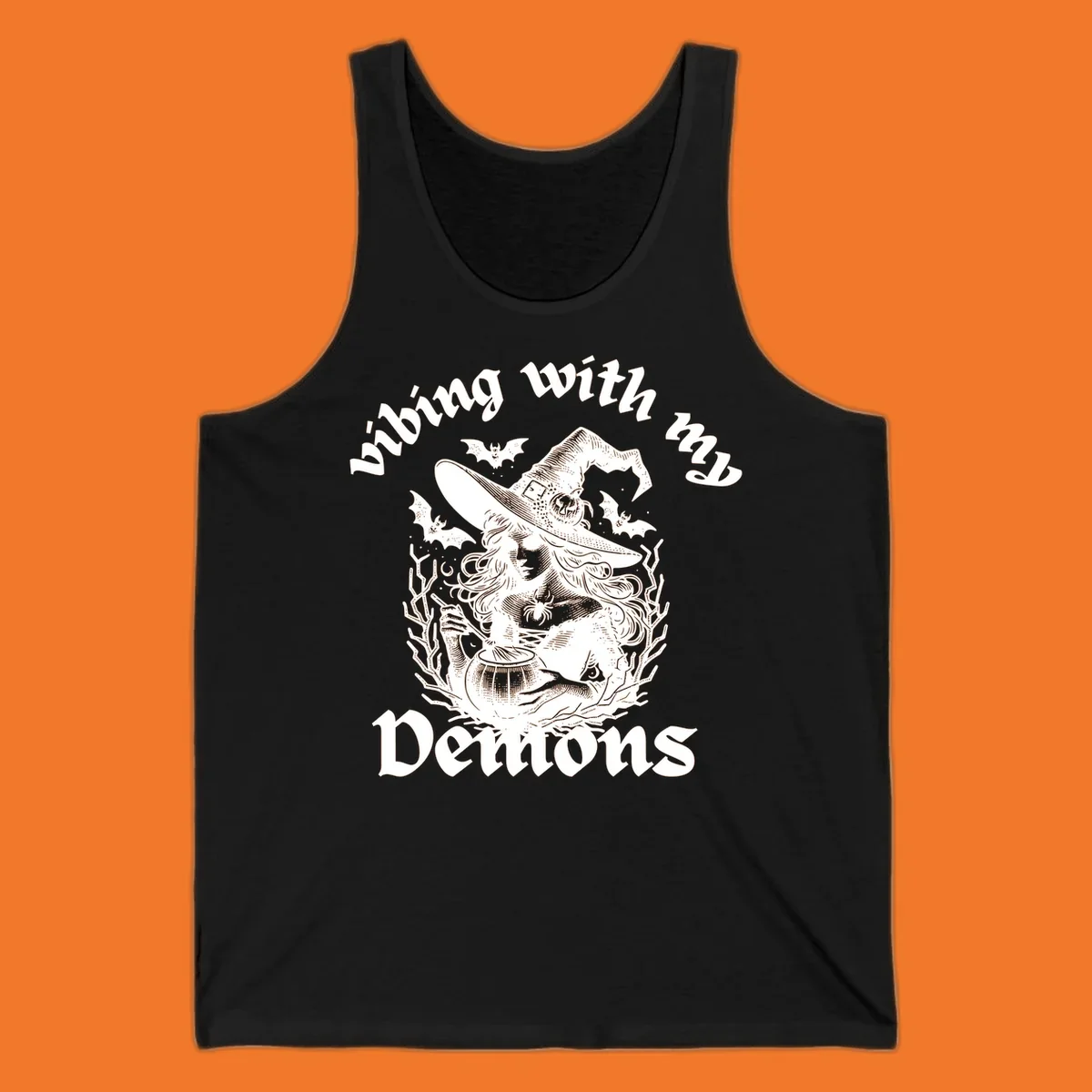 Witch stirring cauldron with bats and text 'vibing with my Demons', witch-vibing-demons design