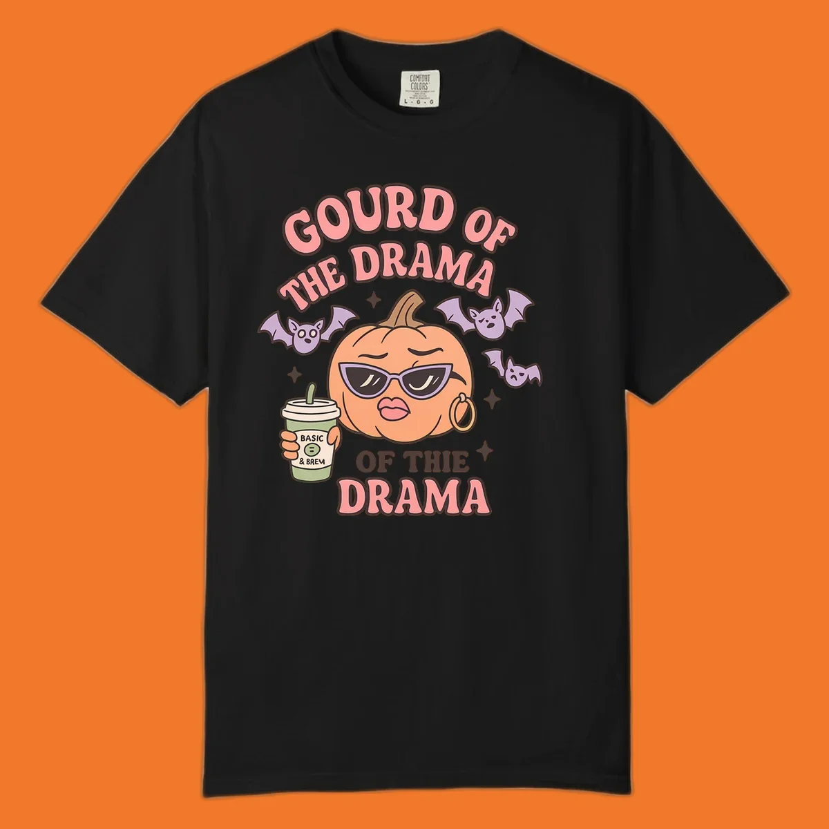 Gourd of the drama pumpkin with sunglasses and bats, holding a coffee cup.