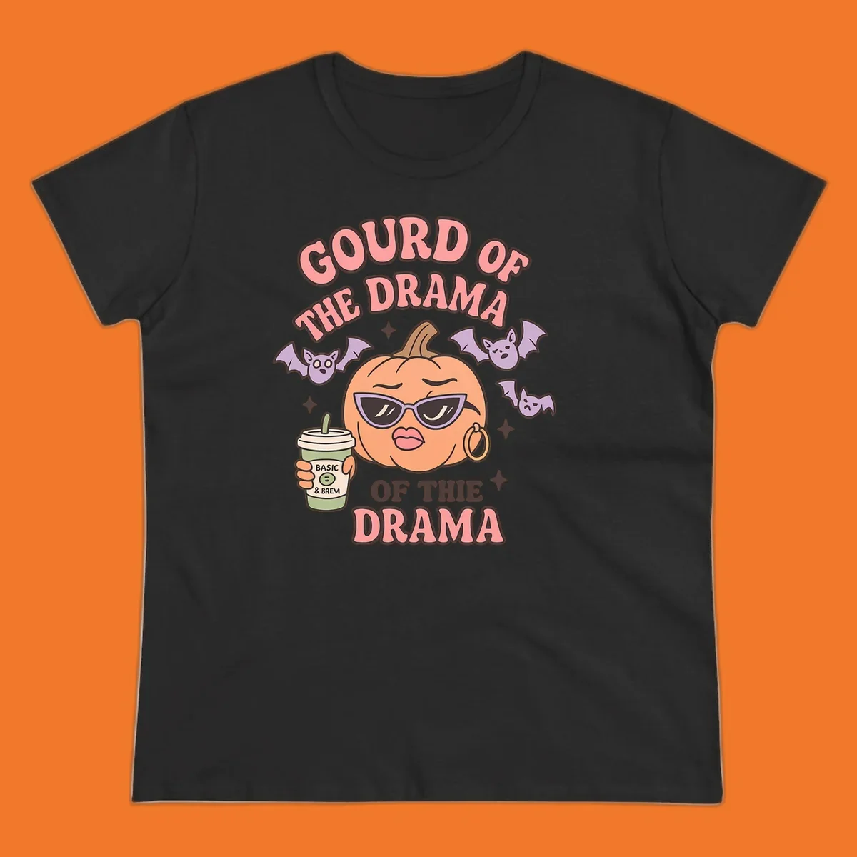 Gourd of the drama pumpkin with sunglasses and bats, holding a coffee cup.