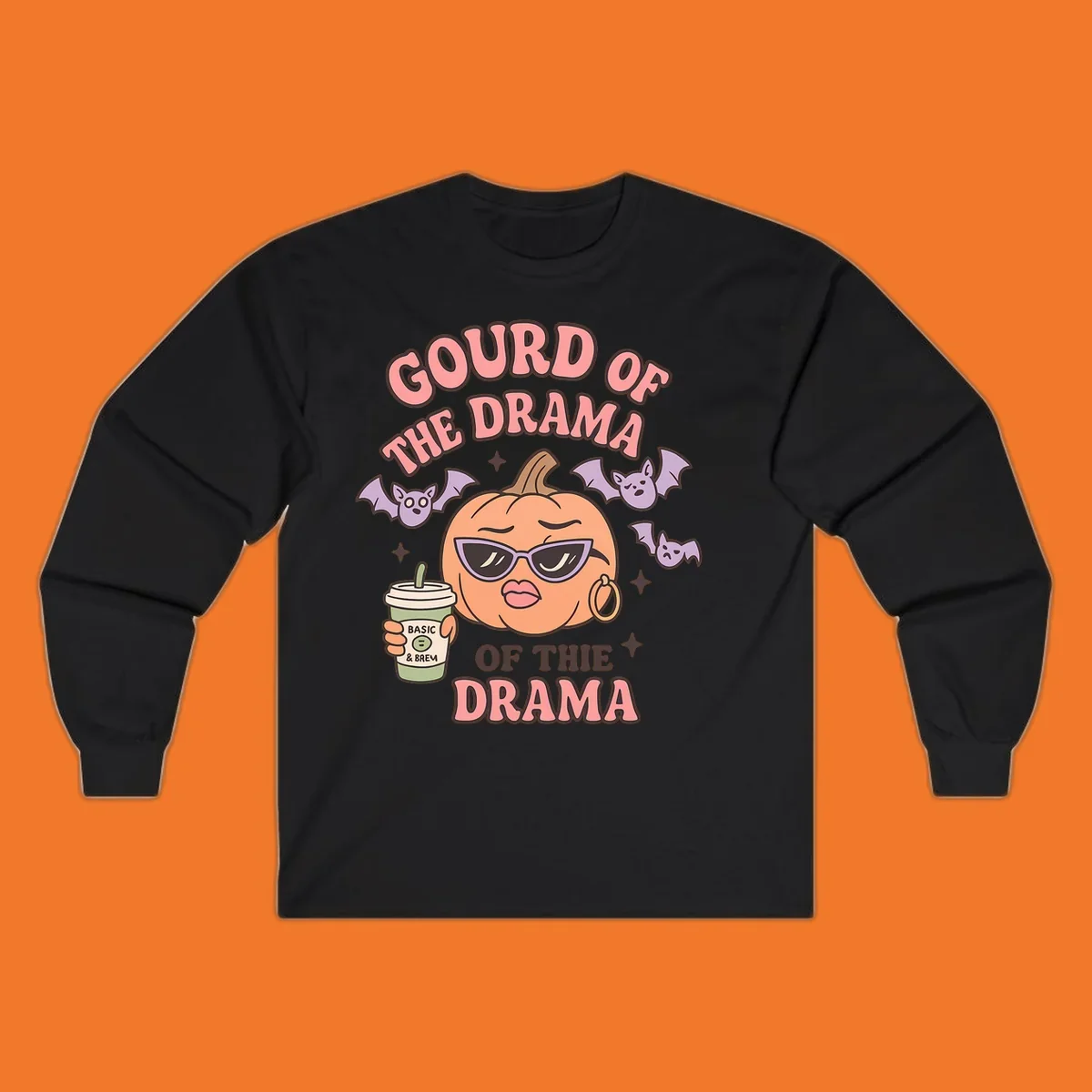 Gourd of the drama pumpkin with sunglasses and bats, holding a coffee cup.