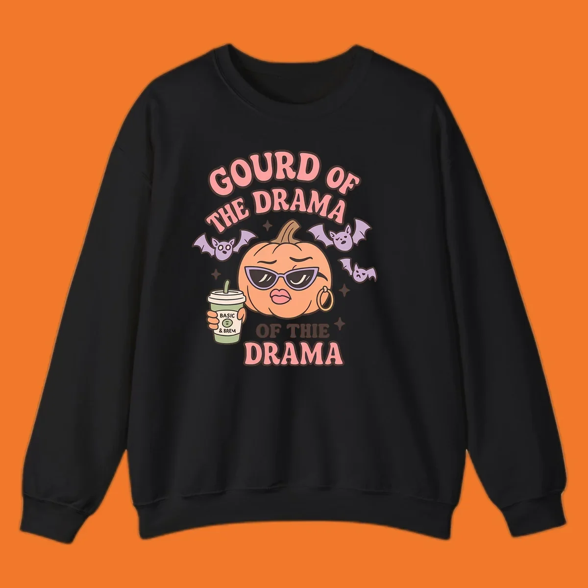 Gourd of the drama pumpkin with sunglasses and bats, holding a coffee cup.