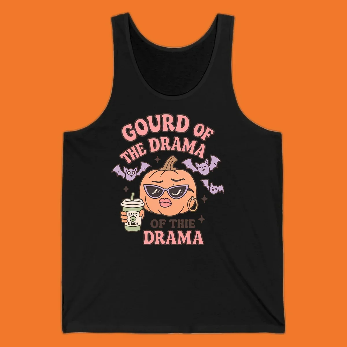 Gourd of the drama pumpkin with sunglasses and bats, holding a coffee cup.