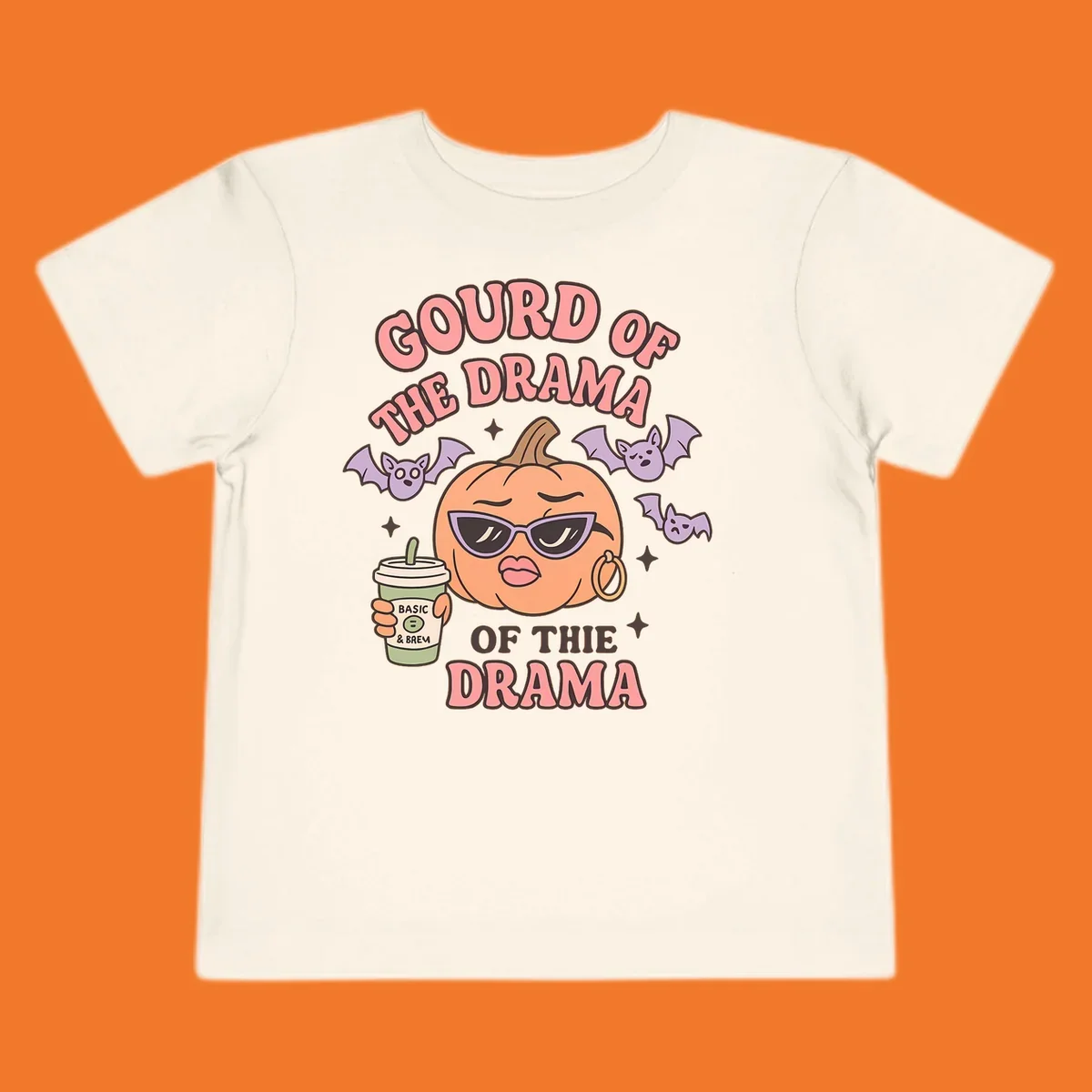 Gourd of the drama pumpkin with sunglasses and bats, holding a coffee cup.