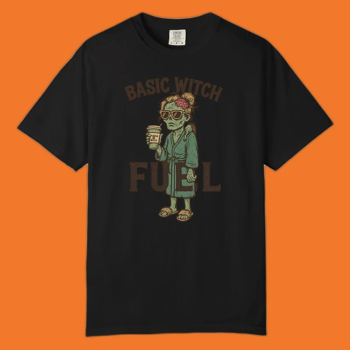 Basic witch fuel zombie woman with exposed brain drinking coffee, Halloween shirt design.