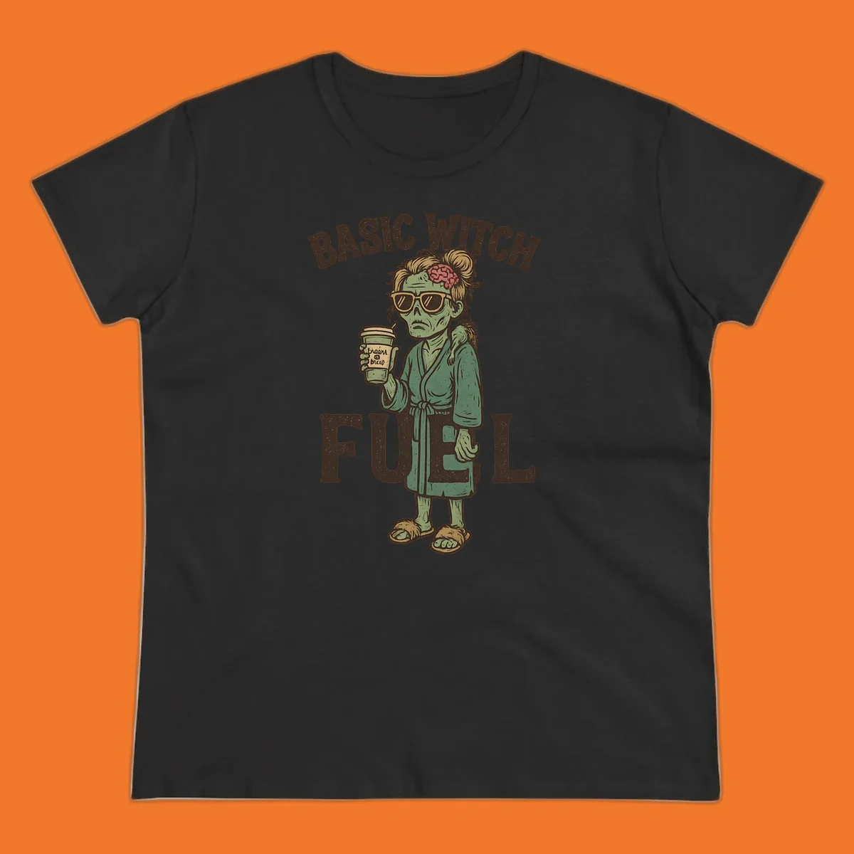 Basic witch fuel zombie woman with exposed brain drinking coffee, Halloween shirt design.