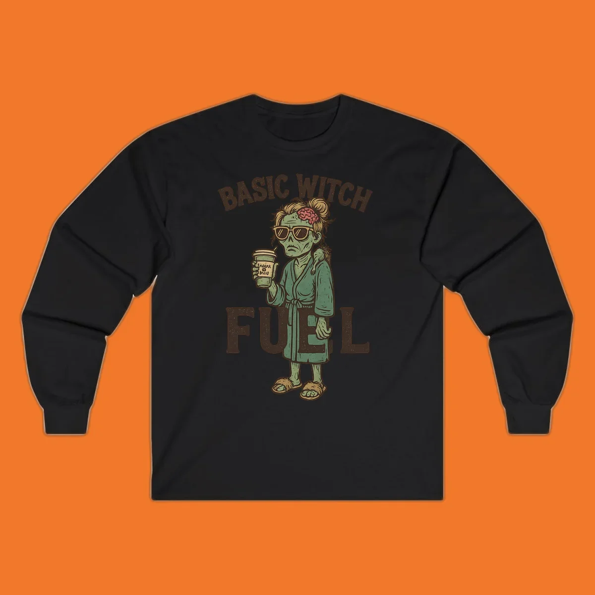 Basic witch fuel zombie woman with exposed brain drinking coffee, Halloween shirt design.