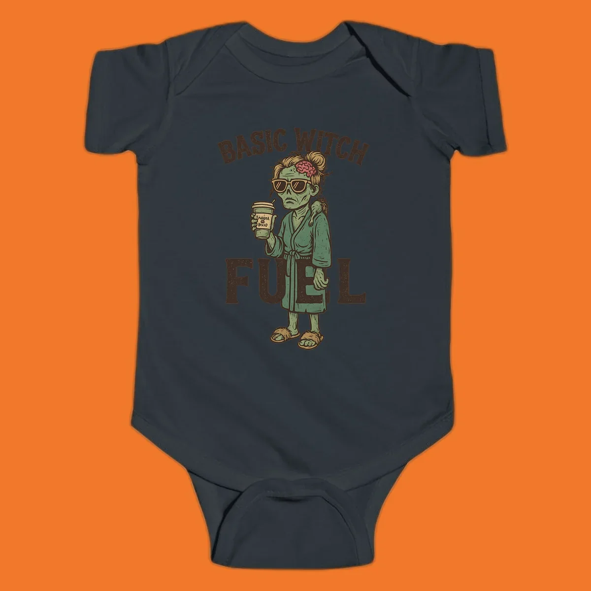 Basic witch fuel zombie woman with exposed brain drinking coffee, Halloween shirt design.