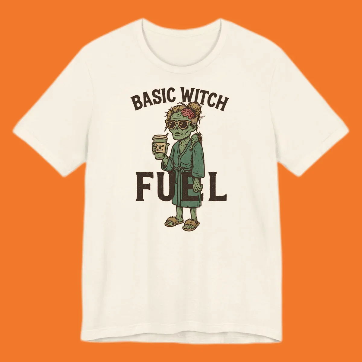 Basic witch fuel zombie woman with exposed brain drinking coffee, Halloween shirt design.