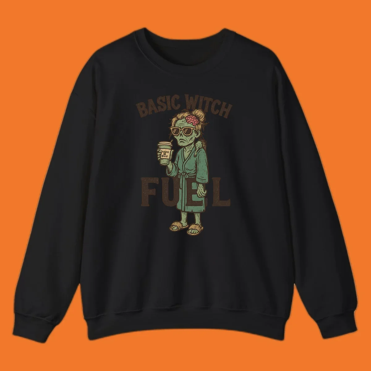 Basic witch fuel zombie woman with exposed brain drinking coffee, Halloween shirt design.