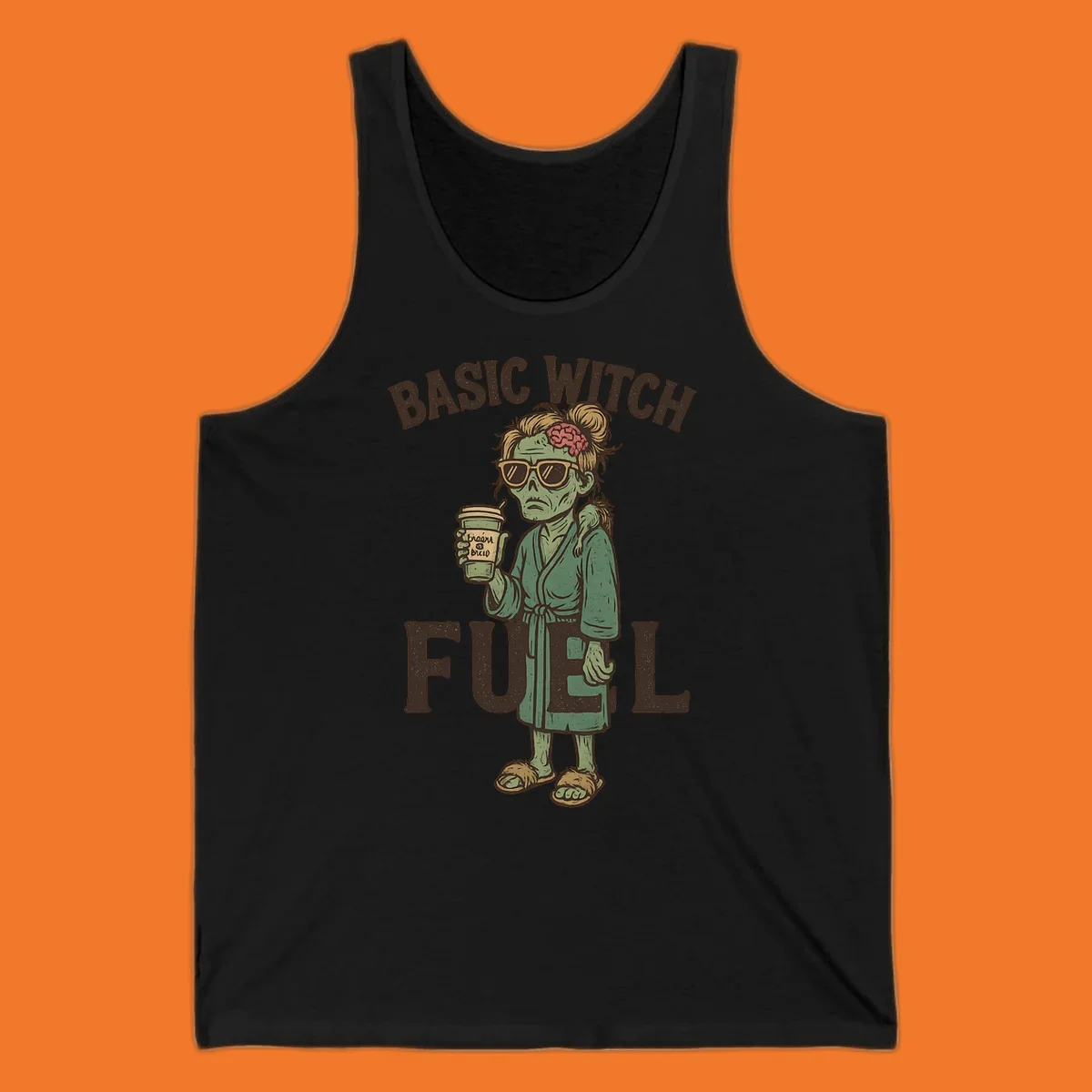 Basic witch fuel zombie woman with exposed brain drinking coffee, Halloween shirt design.