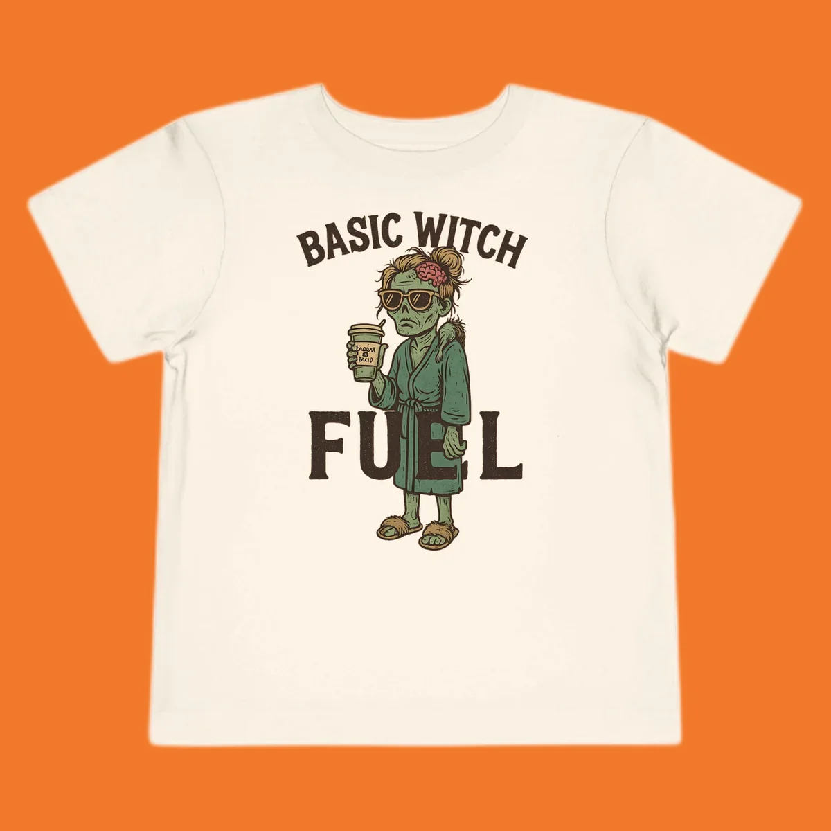 Basic witch fuel zombie woman with exposed brain drinking coffee, Halloween shirt design.